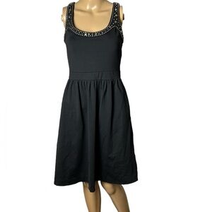 halter black dress sz small.metallic accents on scoop neck, fit&flare, LBD